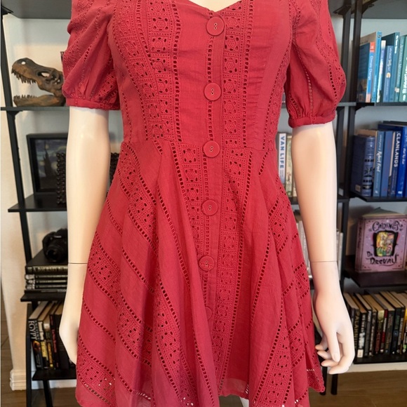 Elegant Red Eyelet Dress - Picture 2 of 10